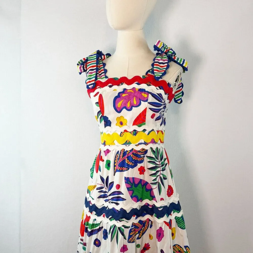 Celia B | Jade Dress | tropical floral print tiered maxi skirt trim | Sz S - Picture 3 of 14